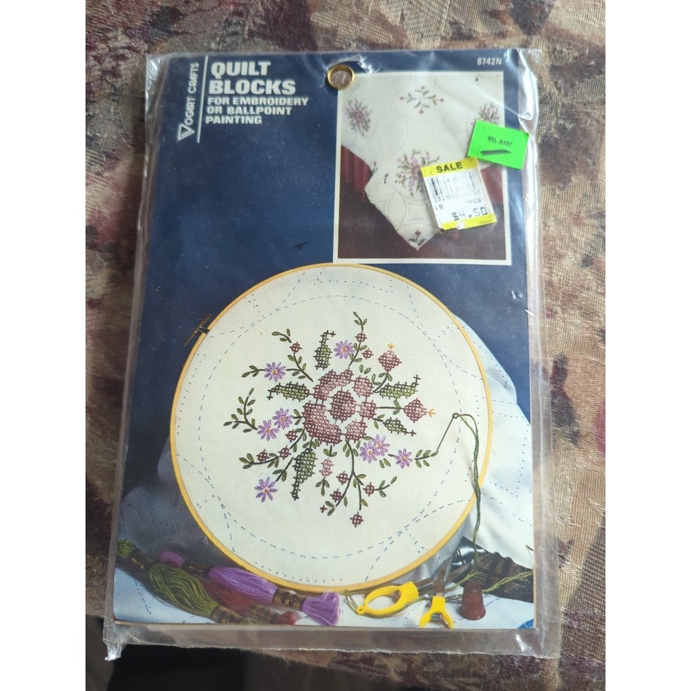 Vtg Vogart Pack of 6 Rose Bouquet Stamped Quilt Blocks NOS Embroidery Painting